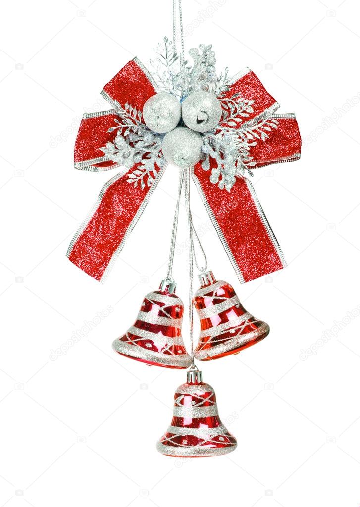 Silver and red bells with a blue bow