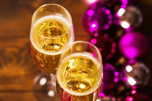 Glasses With Champagne and Christmas Decorations — Stock Photo, Image