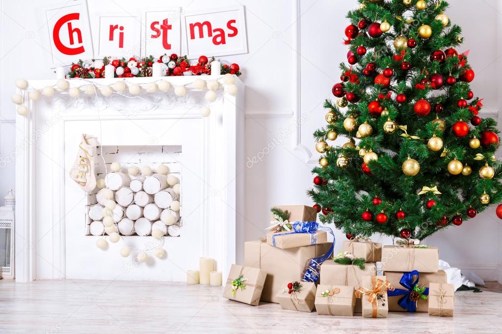 Christmas holiday fir tree and presents