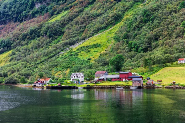 Refleksja Nad Domami Norweskim Fiordzie Norwegia — Zdjęcie stockowe