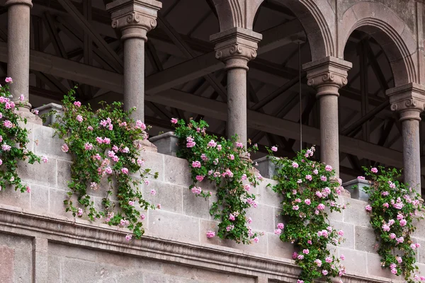 Flowers and columns in monastery — Stock Photo, Image