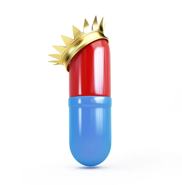 Pillola in una corona d'oro 3d Illustrazioni su sfondo bianco — Foto Stock