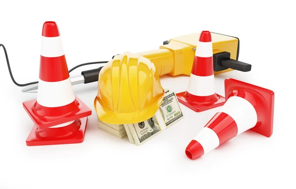 Jackhammer construction helmet traffic cones, road cone — Stock Photo, Image