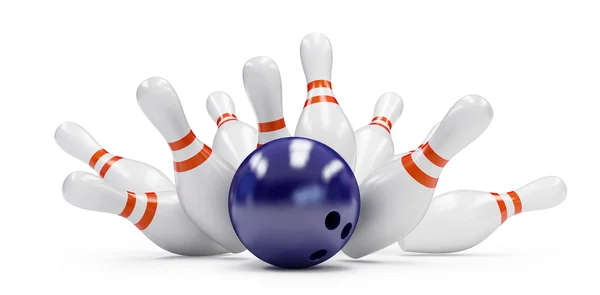 Bowling Strike 3D-Rendering, auf weißem Hintergrund — Stockfoto