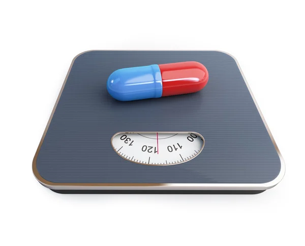 Pillen voor gewicht verlies vloer schaal op een witte achtergrond. 3D illustratie — Stockfoto