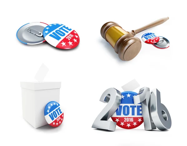 Νόμος σφυρί ψηφοφορία εκλογής σήμα κουμπί για το 2016. 3D απεικονίσεις σε λευκό φόντο — Φωτογραφία Αρχείου