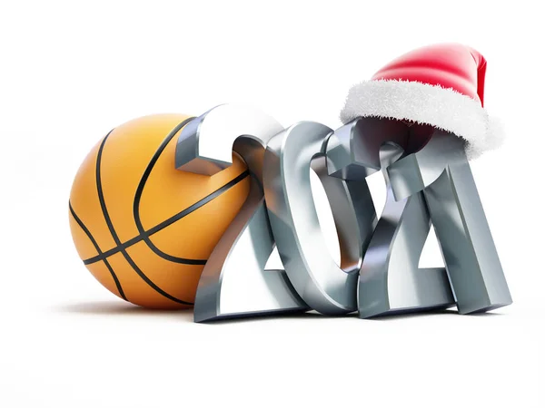 Basketball Nouvelle Année 2021 Santa Chapeau Sur Fond Blanc Illustration — Photo