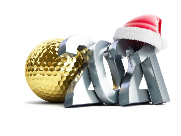 Gold Golf Ball 2021 New Year Santa Hat White Background — Stock Photo, Image