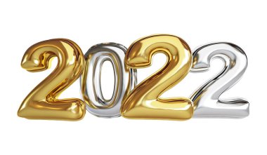 Folyo balonu 2022 Mutlu Yıllar beyaz arkaplanlı 3D resimli, 3D görüntüleme 