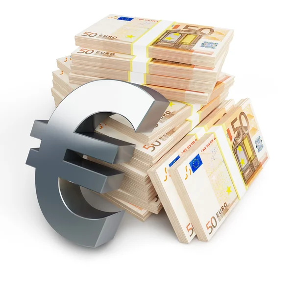 Euro signe piles de dollars sur un fond blanc — Photo