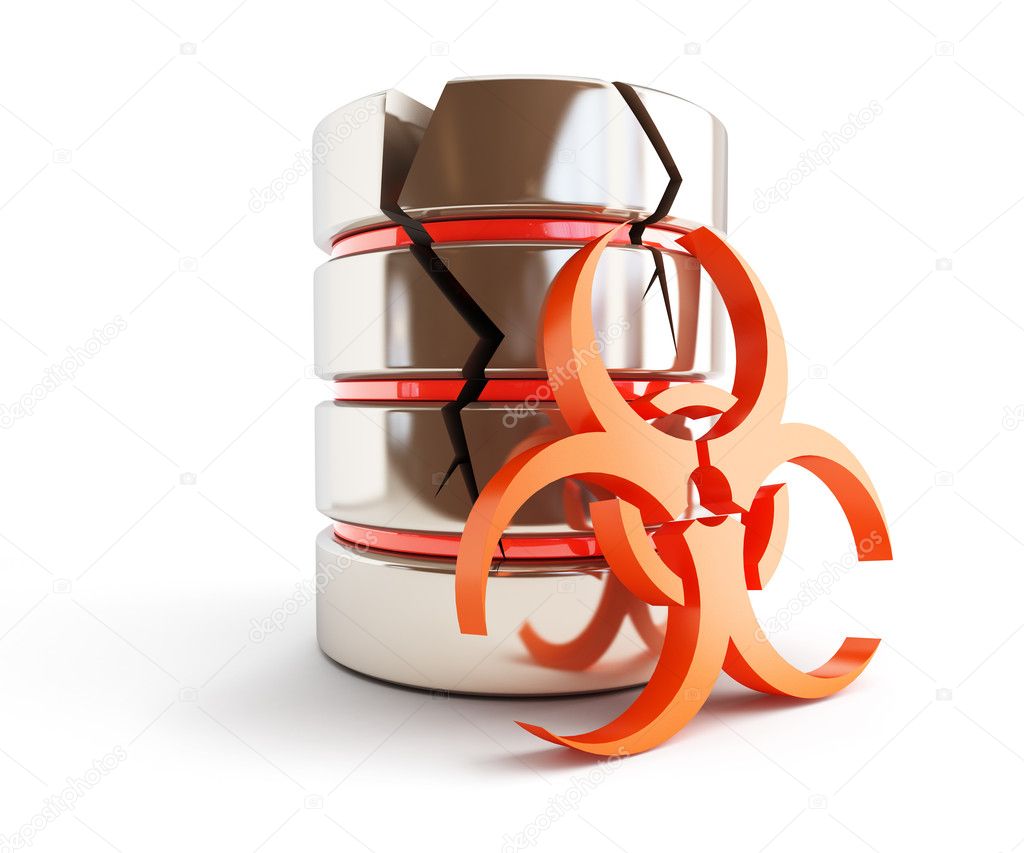 Database is infected  database is damaged, broken 3d Illustrations on a white backgroundwith a virus