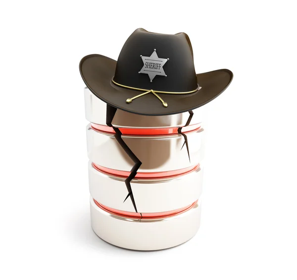 Banco de dados quebrado, chapéu xerife em um fundo branco — Fotografia de Stock