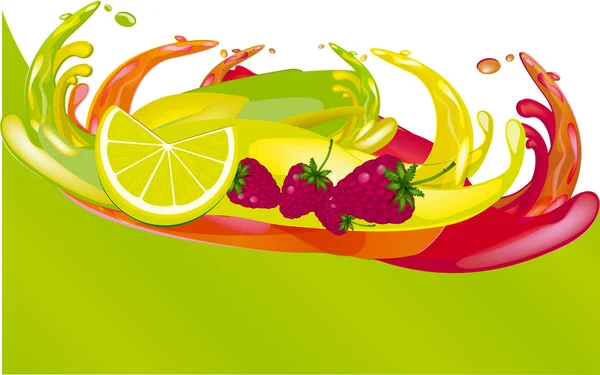 Splashes of juice over color background — Stock Vector