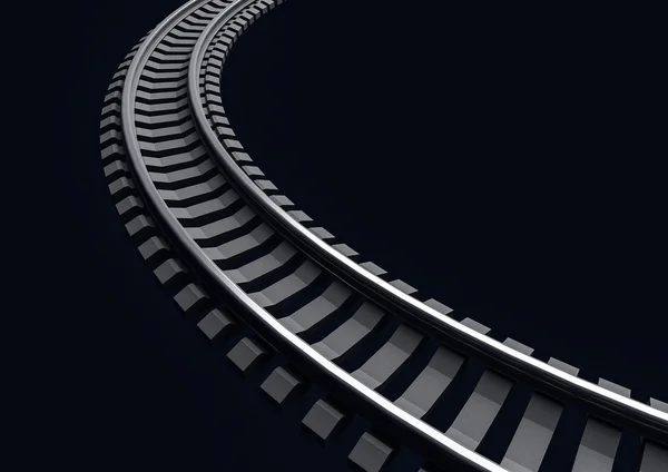 Ilustração 3D de uma única via férrea curva no escuro — Fotografia de Stock