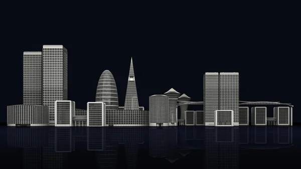 3D-Illustration moderner Stadtgebäude auf dunklem Grund — Stockfoto