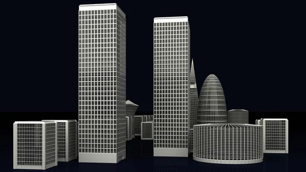 3D ілюстрації з сучасного міста будівель на темному — стокове фото