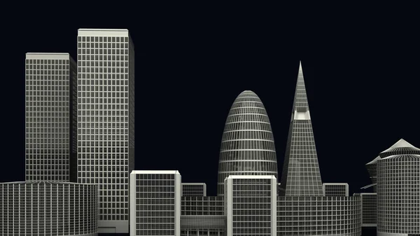 Ilustración 3D de los edificios modernos de la ciudad en la oscuridad — Foto de Stock