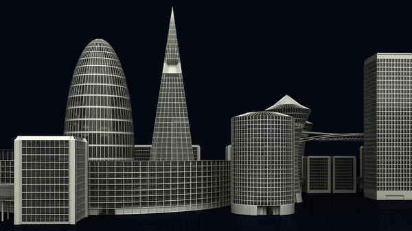 Ilustração 3D dos edifícios modernos da cidade no escuro — Fotografia de Stock