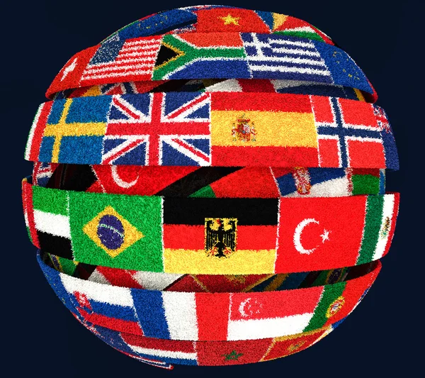 3D иллюстрация национальных флагов Книт, скрученных как спиральный глобус — стоковое фото