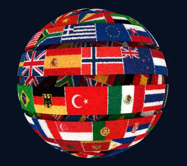 3D иллюстрация национальных флагов Книт, скрученных как спиральный глобус — стоковое фото