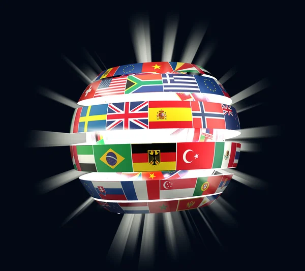 Ilustración 3D de banderas nacionales retorcidas como globo espiral con rayos —  Fotos de Stock