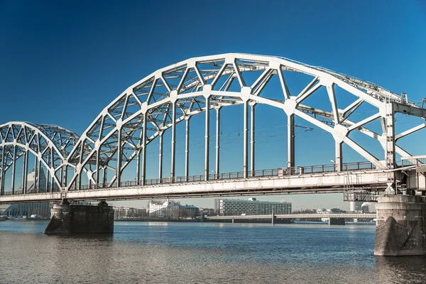 A view of the Railway Bridge over Daugava River in Riga, Latvia — Stock Photo, Image