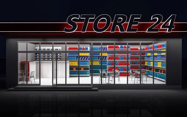 3D illustration of a 24-hour store at night — Stock Photo, Image