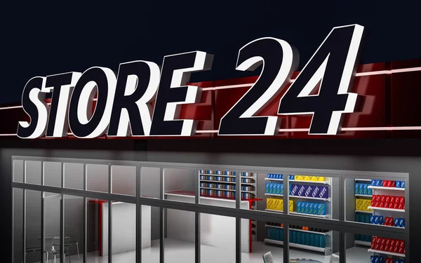 3D illustration of a 24-hour store at night — Stock Photo, Image