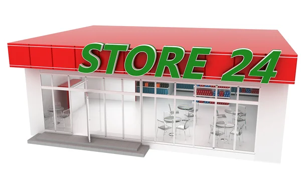 3D illustration of a 24-hour store with cafe — Stock Photo, Image