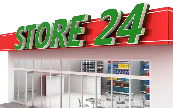 3D illustration of a 24-hour store with cafe — Stock Photo, Image