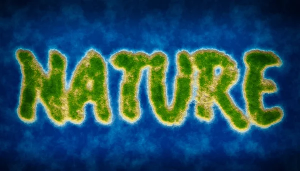 Grüne Insel im Meer als Wort geformt - Natur - 3D-Darstellung — Stockfoto