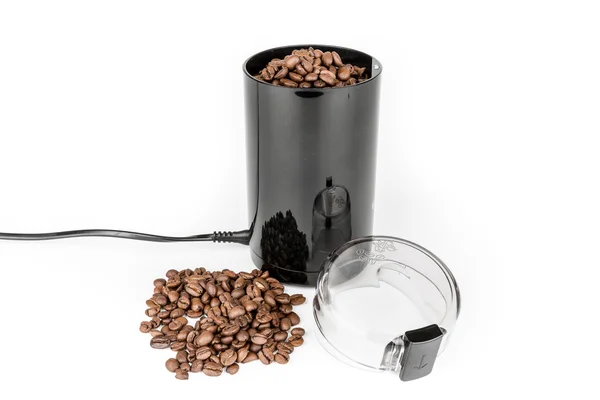 Coffee mill and pile of coffee beans - Isolated — Stock Photo, Image