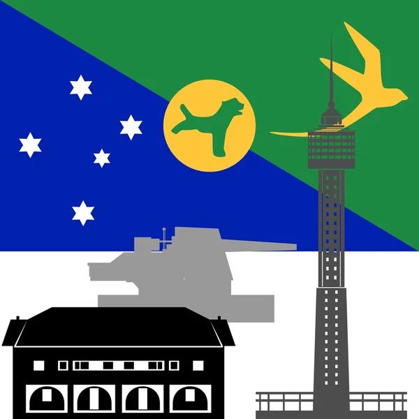 Bandeira nacional da Ilha Christmas e atrações arquitetônicas — Vetor de Stock