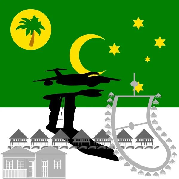 Bandeira nacional das Ilhas Cocos e atrações arquitetônicas — Vetor de Stock