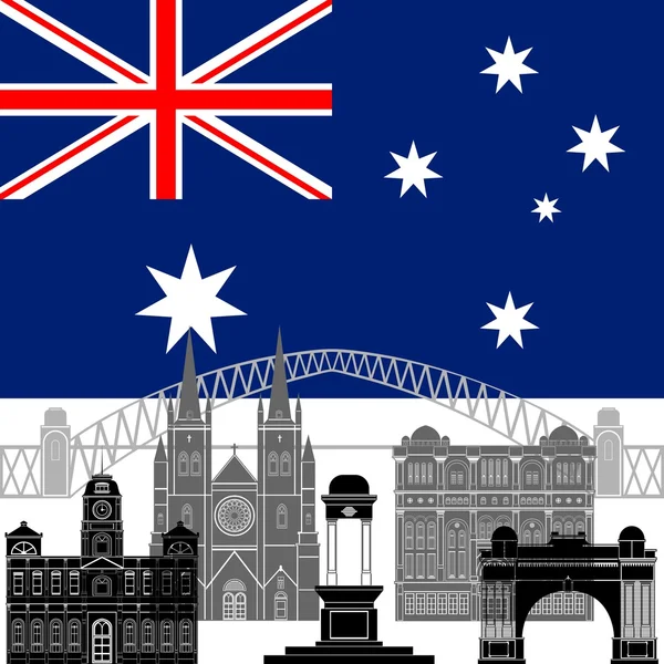 Nationalflagge Australiens und architektonische Sehenswürdigkeiten. — Stockvektor