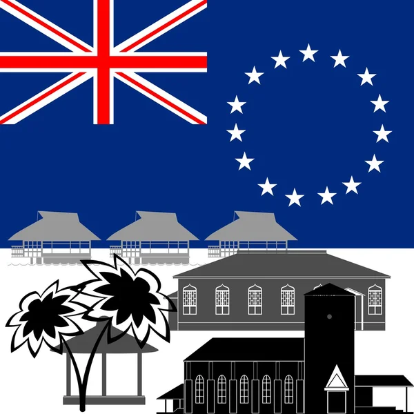 Bandera Nacional de Islas Cook y atracciones arquitectónicas — Vector de stock