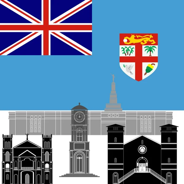 Bandeira nacional de Fiji e atrações arquitetônicas — Vetor de Stock