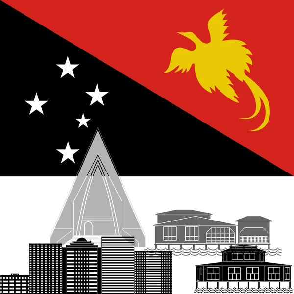 Bandeira nacional da Nova Guiné e atrações arquitetônicas — Vetor de Stock