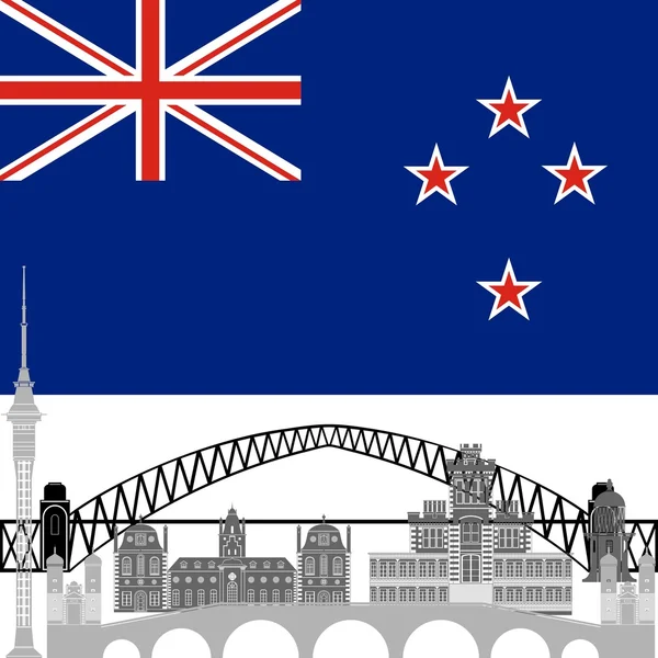 Nationalflagge Neuseelands und architektonische Attraktionen — Stockvektor