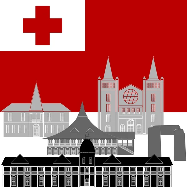 Nationalflagge der Tonga und architektonische Sehenswürdigkeiten — Stockvektor