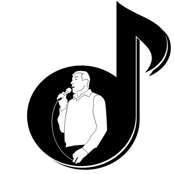 Esquema de un hombre con un micrófono en el fondo de notas musicales — Vector de stock