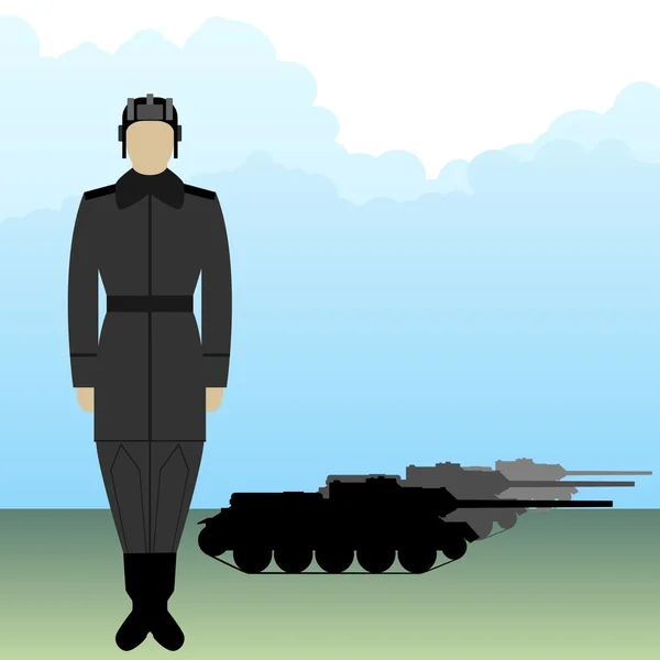 Soldado en petrolero uniforme sobre fondo de vehículos blindados — Vector de stock