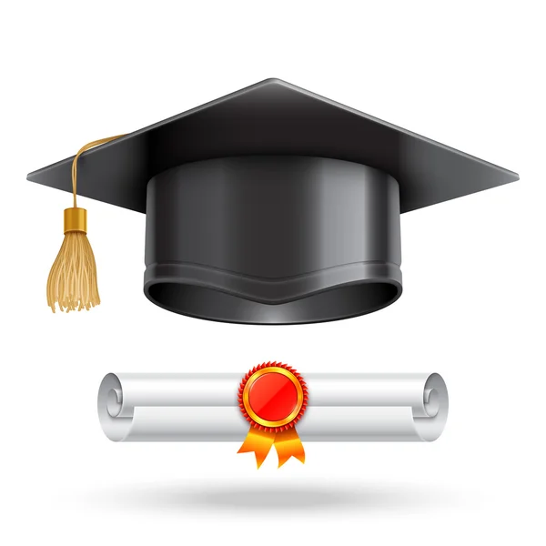 Tapa de graduación y pergamino de diploma — Vector de stock