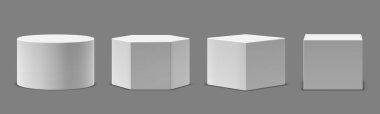 Ürün sunumu için farklı şekillerde beyaz kaidelerin veya platformların vektör koleksiyonu. Gerçekçi ve minimalist model veya şablon