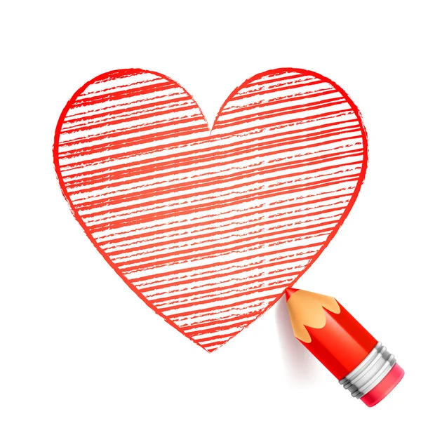 Czerwony ołówek i rysunek serce — Wektor stockowy