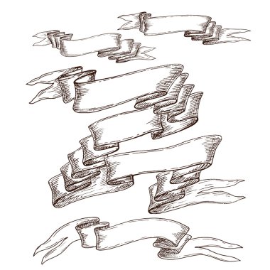 dört vintage şeritler, elle çizilmiş afiş, retro tarzı, swirls ve kıvrımlar