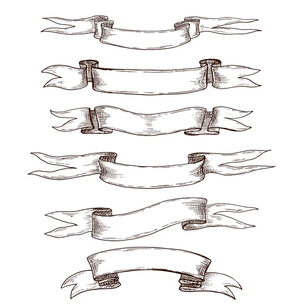 六个老式丝带、 手绘横幅、 复古风格、 漩涡和褶皱 — 图库矢量图片