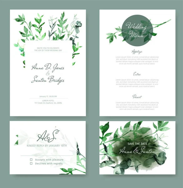 Svatební pozvánka sada s malými zelenými botaniky — Stockový vektor