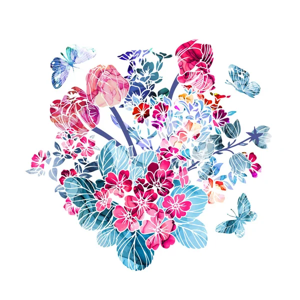 Ramo floral con textura de tinta de alcohol en bg — Vector de stock