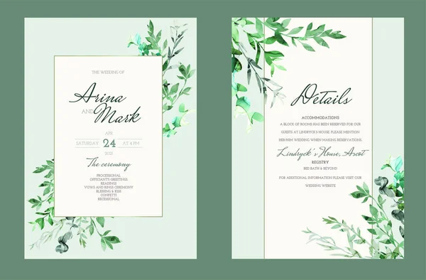 Πακέτο πρόσκλησης γάμου διακοσμημένο με ζωγραφισμένα στο χέρι πράσινα βότανα — Διανυσματικό Αρχείο